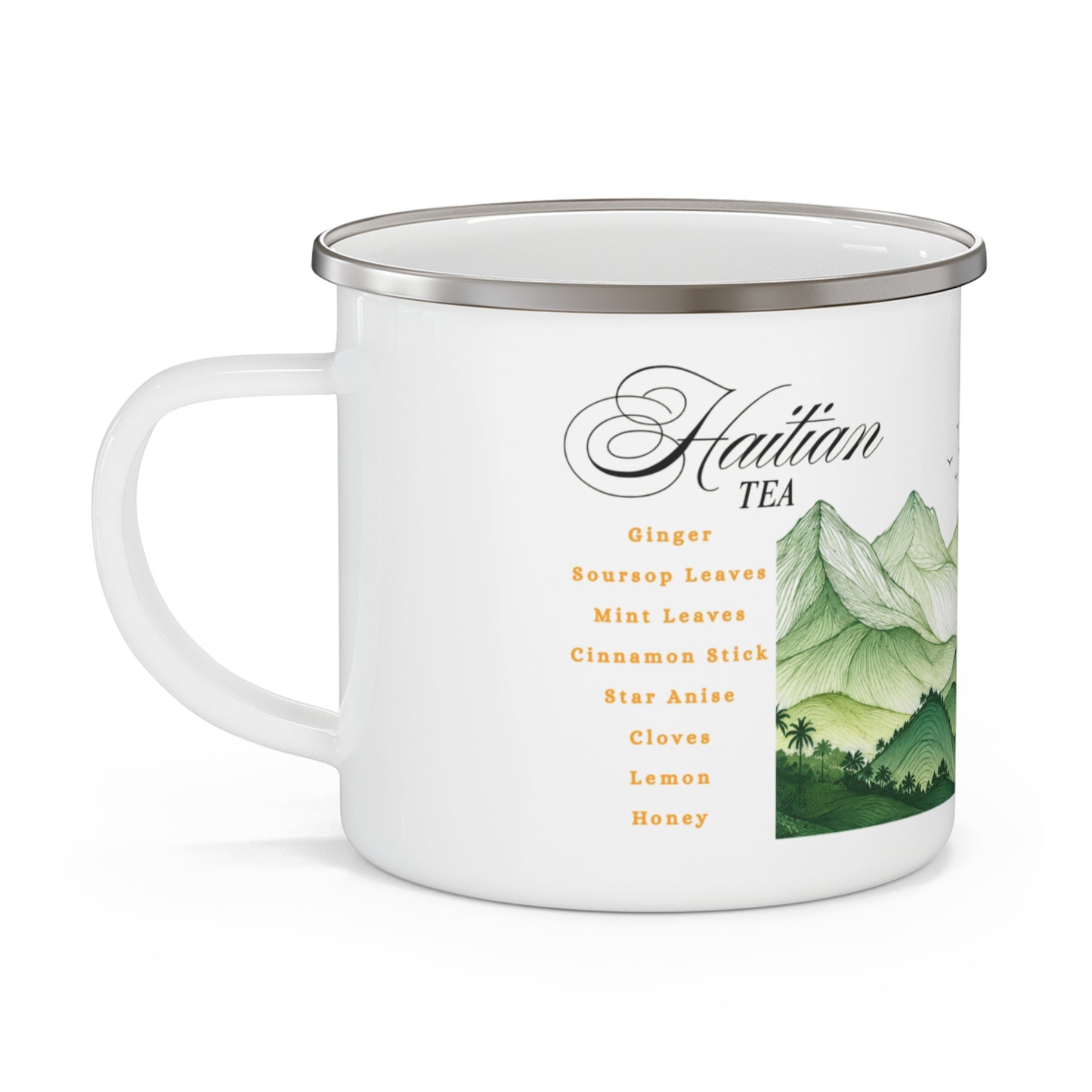 Epis of Haiti: Haitian Tea Recipe Enamel Camping Mug | Green Mountains | 12 oz Stainless Steel Camp Cup